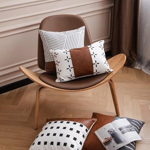 PU cotton patchwork sofa cushion cover canvas printed striped pillow cover black block square pillowcase chair car lumbar pillow