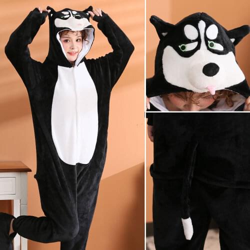 Flannel Animal Husky Dog Pajamas Cartoon Onesie Cosplay Costume Warm Black White Cute Dog Kigurumi Jumpsuit