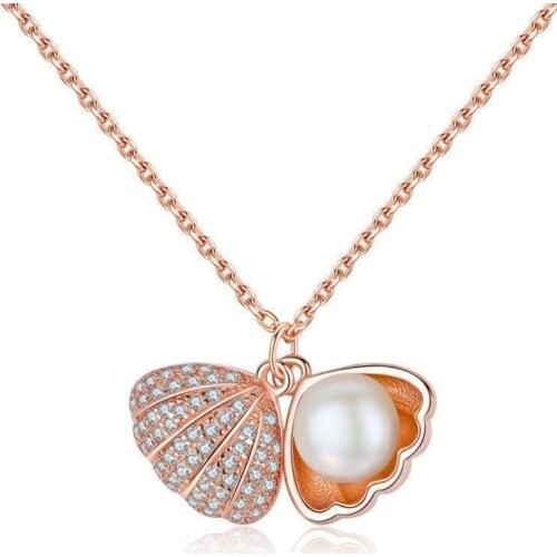 FYJS Unique Rose Gold Color Alloy Shell with Imitation Pearl Pendant Link Chain Necklace Rhinestone Jewelry