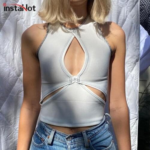 InstaHot Hollow Out Sexy Women Solid Strapless Summer Club Tank Top Casual Slim 2021 Streetwear Vintage Lady Fashion Crop Tops