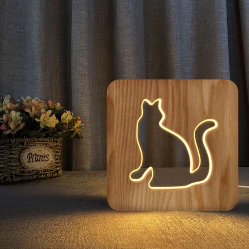 Creative Table Lamp Solid Wood Hollow Wood Head Lamp One Product Dropshipping Pet Cat LED Lamp