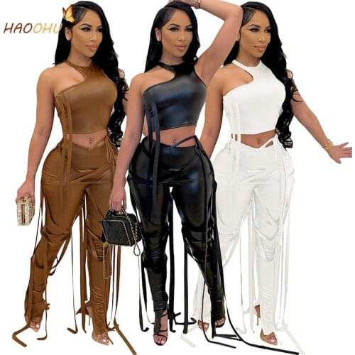 HAOOHU Trendy 2 piece Set for Women 2021 PU Leather One Shoulder Crop Top Bandage Skinny Pant Set Streetwear Sexy Cool Outfits