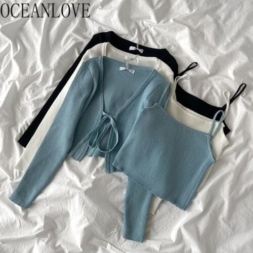 OCEANLOVE Cardigans Sweet Two Pieces Solid Short Slim Autumn Lace Up Sweaters Women Tops V Neck 2021 Ins Casual Chaquetas