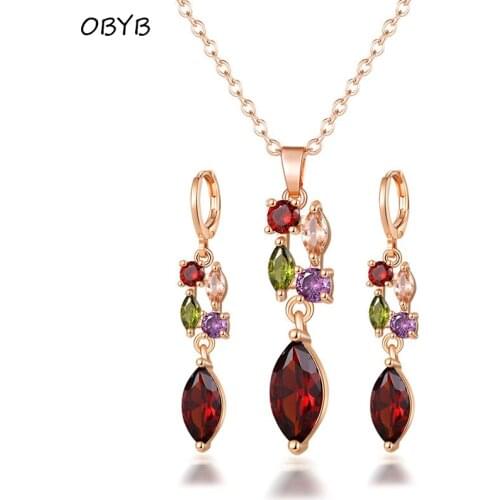 OBYB Rose Gold Necklace Earrings Jewelry Sets for Women Wedding Bridal Luxury Cubic Zirconia Necklace And Earrings Jewelry Gift