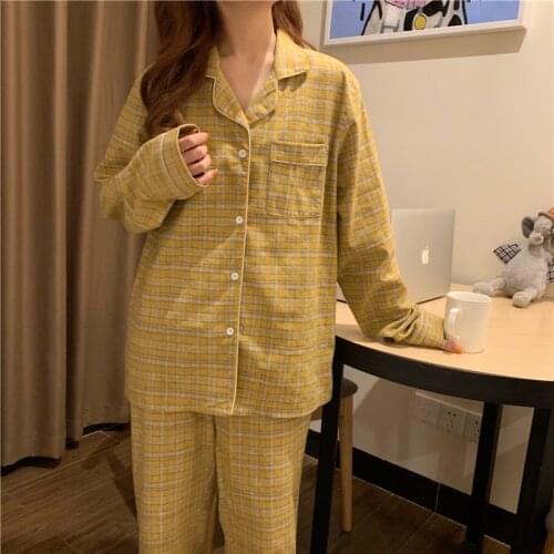 Home Suit Women Cotton Plaid Pajamas Set Autumn Winter Long Sleeve Pants Sleepwear Pocket Loose Two Piece Set Korean Pyjama S912