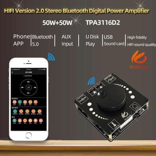 DYKB HIFI 2.0 Stereo Bluetooth 5.0 Audio TPA3116D2 Digital Power amplifier board 50Wx2 Amp USB AUX Smart APP Control DC 12V 24V
