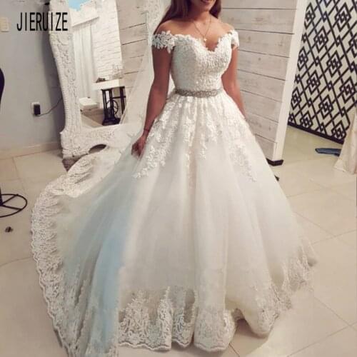 JIERUIZE Sexy Tulle Ball Gown Wedding Dresses Off Shoulder Appliques Lace Crystal Sash Beaded Bridal Gowns Vestido De Noiva