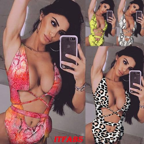 Sexy Women One-Piece Swimsuit Bikini Snakeskin Leopard Print Bodycon Stretch Beachwear Lace Up Swimwear Summer bikini Casual