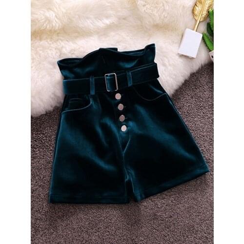 Velvet Shorts Women Fashion Midi Shorts Female Buttons Spring Autumn High Waist Short Trouser Pocket Black Shorts