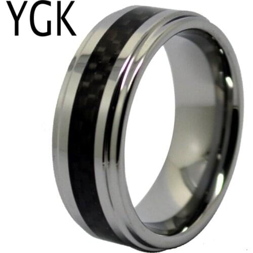 YGK Wedding Jewelry Silver Step Black Fiber Ring New Tungsten Rings for Mens Bridegroom Wedding Engagement Anniversary Ring