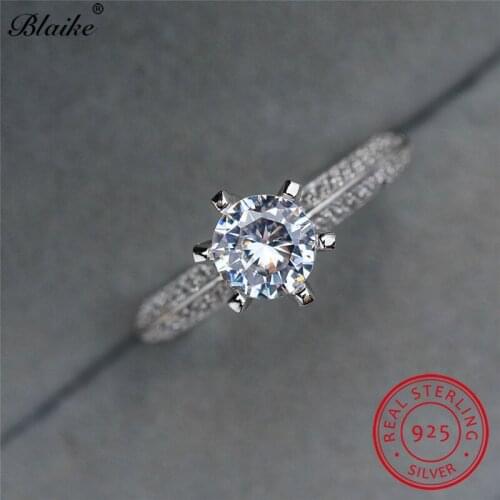 Solid s925 Sterling Silver Rings For Women White Diamond Stone Wedding Bands Round Zircon Promise Engagement Ring Fine Jewelry