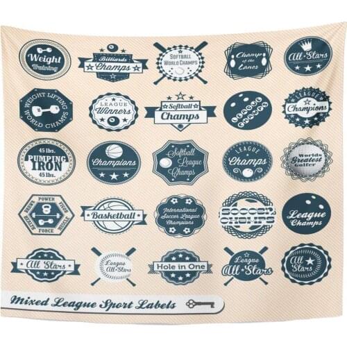 Golf Baseball Vintage Mixed League Sport Labels and Badges Bowling Basketball Bat Home Decor Tapestry Wall Hanging for Living