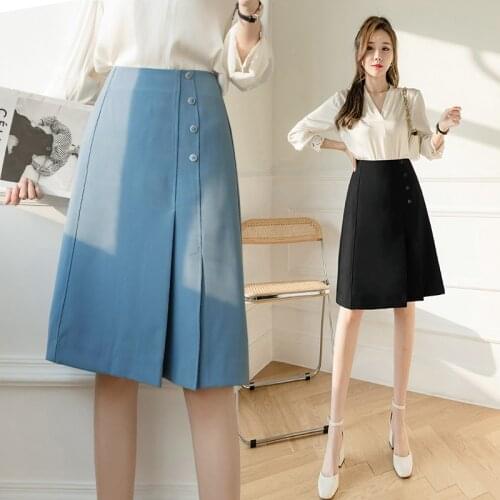 Fashion OL Office Ladies Irregular Pleated Skirt 2021 Spring Summer Solid Color Skirts with Slit Buttons A-line Knee-Length Jupe