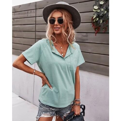 Women Summer Short Sleeve Button Up O-Neck T-Shirt Loose Solid Color Sweatshirt Fashion Casual Female Tops
