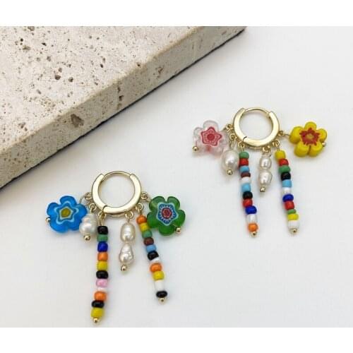 MENGJIQIAO Fashion Coloured Glaze Flower Beads Hoop Earrings For Women Elegant Freshwater Pearl Tassel Boucle d'oreille Jewelry