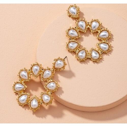 GSOLD New Fashion Inlaid Drop-Shaped Imitation Pearl Drop Earring Geometric Round Metal Exaggerated Golden Women Jewelry Party