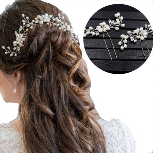 Women Hairpins Hair Clips Headpieces Wedding Hair Jewelry Accessories Crystal Pearls Hair Forks for Bridesmaid Clips Side Comb