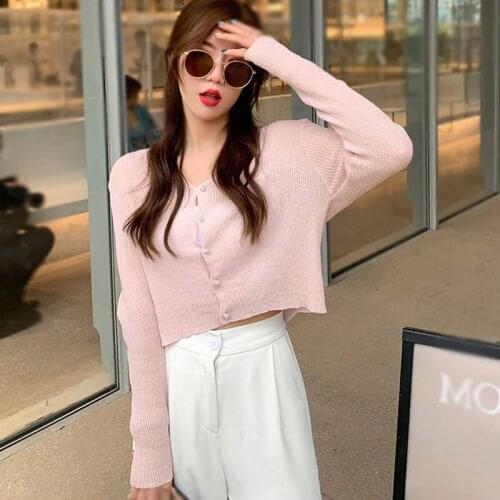 Summer Cardigan Long Sleeve Knitted Cardigan Women Korean Short Loose V-neck Sweet Thin Tops Sunscreen Cropped Cardigan