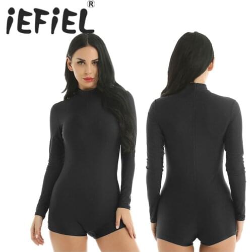 Women Adult Mock Neck Long Sleeve Solid Color Stretchy Gymnastics Ballet Dance Shorts Dance Leotards Bodysuit Jumpsuit Unitards
