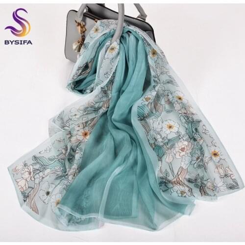 [BYSIFA] Bean Green 100% Silk Chiffon Hijab Scarf Ladies Brand Long Scarf Beach Shawls Autunm Winter Women Floral Design Scarves
