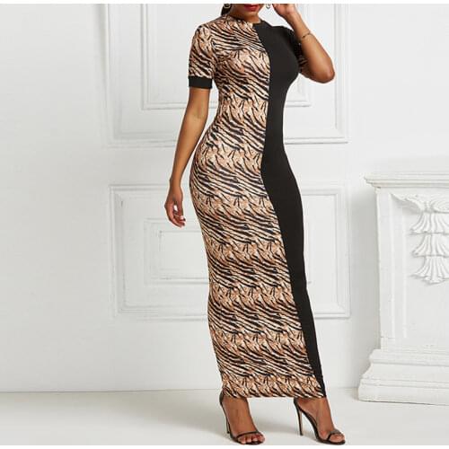 OTEN Elegant Leopard Print Patchwork Bodycon Maxi Dress Summer Short Sleeve O-neck Stretchy Package Hip Party Dress Robe Vestido