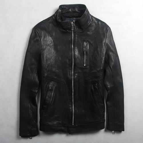 Avrexmen Mens fashion slim fit genuine with front pocket black washed sheepskin real leather jacket men