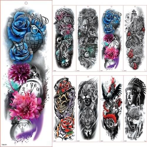 Large Arm Sleeve Tattoo Waterproof Temporary Tattoo Sticker Clock Rose Full Flower Tatoo Body Art Tattoo Girl