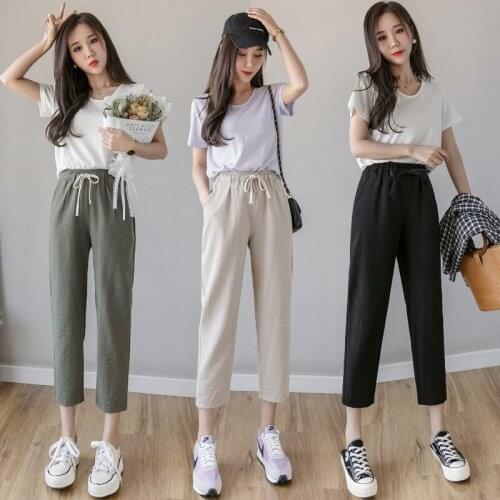 Womens Spring Autumn Pants Cotton Linen Solid Elastic waist Candy Colors Harem Trousers Soft high quality for Female ladys
