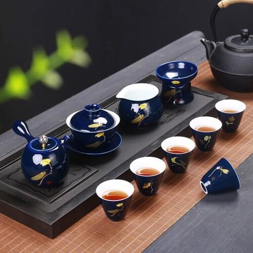 Tea Set Teapot Cup Teaware Yerba Mate Mug Bowl Gaiwan Services Ceremony Porcelain Ceramics Matcha Items Gift Navy Blue Gold Tabl
