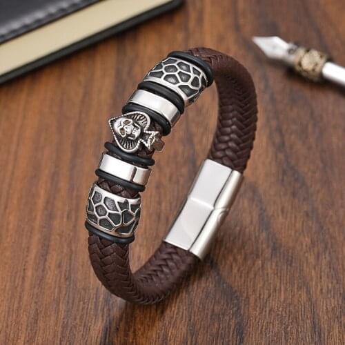 Black Brown Braided Leather 316l Stainless Steel Jewelry Mens Bracelet Spades Skull Bracelet Punk Wristband Mens Jewelry