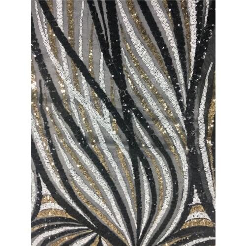 Strip design Top quality african mesh lace fabric YG-361 embroidered tulle lace with sequins for party dress