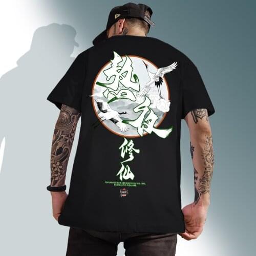 Hip Hop T Shirt Men 2021 Streetwear Harajuku Flying Crane City Print Tshirt Short Sleeve Cotton Casual T-Shirt Black New Fashion