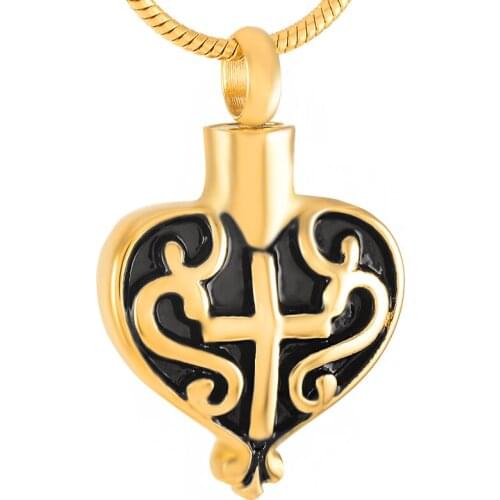 IJD9356 Stainless Steel Pendant Necklace for Ashes Urn Cross Black Heart Painted Cremation Jewelry