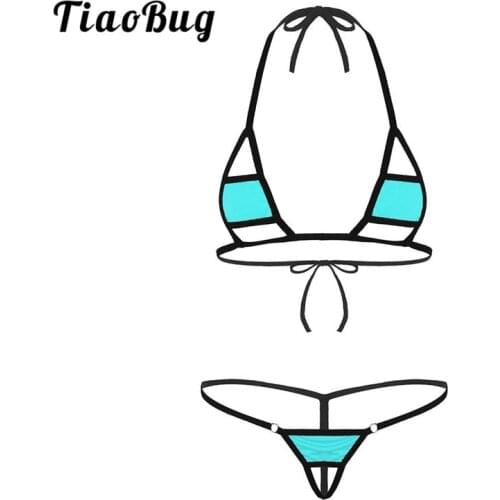 TiaoBug Women Bikini Set Lingerie Swimsuit Halter Mini Micro Bra with G-String Tanga Crotchless Panties Sexy Underwear Swimwear