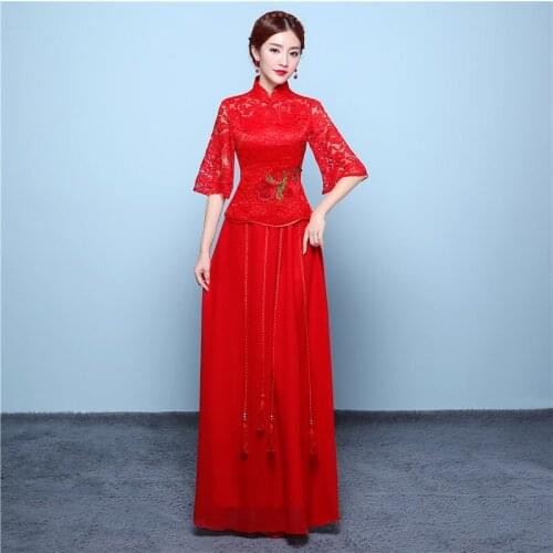 Red Long Cheongsam Wedding Dress Chinese Traditional Dress Women Modern Qipao Robe Orientale Evening Wedding Gown