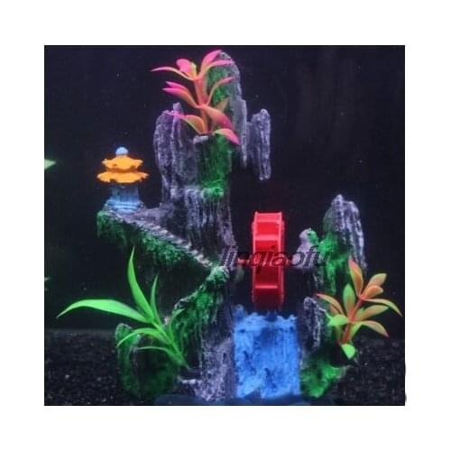 Simulation of resin rockery water wheel windmill landscaping, fish tank decoration connected with air pump