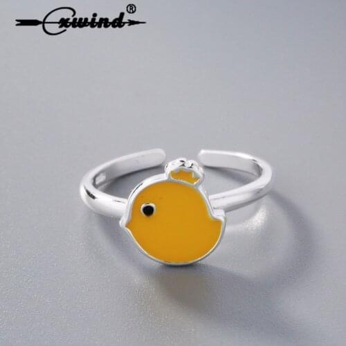 Fashion Cute Little Animal Rings Enamel Yellow Chicken Rings Cartoon Chick Opening Lovely Crown Finger Jewelry for Student Gift