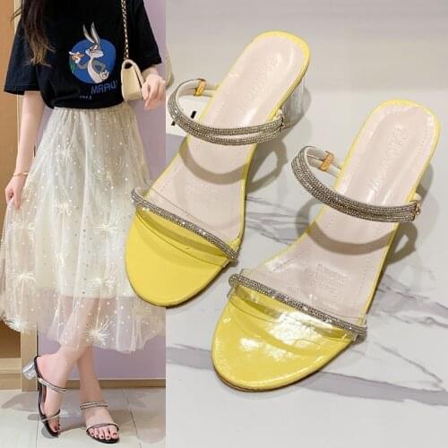 New Transparent Cool Women Shoes Woman Mules 2021 Summer Crystal Shoes Spike High Heels Buckle Ladies Shoes Slides Slippers