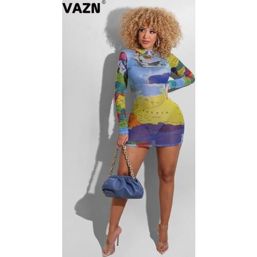 VAZN 2020 New Open See Through Lace Soft Elastic Young Vintage Round Neck Full Sleeve Women High Waist Thin Mini Dress