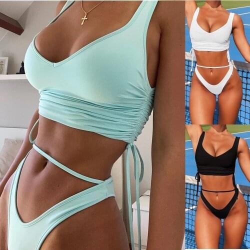 2021 Summer New Sexy Womens Solid Color Bandage Bikini Beach Holiday Sports Two Piece Swimsuit