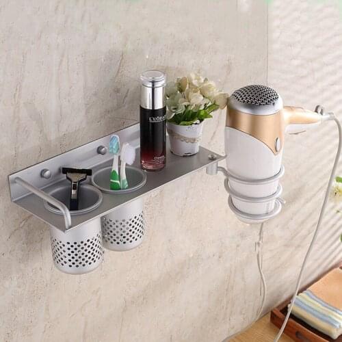 FreeshippingNew Households Rack Hair Blow Dryer Holder Space Aluminum Bathroom Shelf Gair Dryer Rack With 2 Cups Hair Dryer Rack