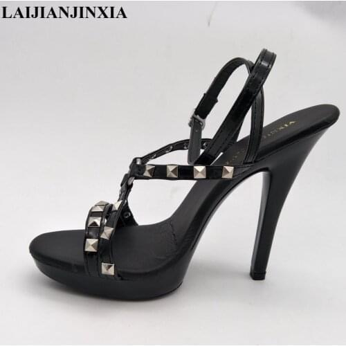 LAIJIANJINXIA New Women Summer Sandals Shoes Rivets Real Image Ladies Party Sandals Shoes 13CM High Heels Shoes Mujer Sandales