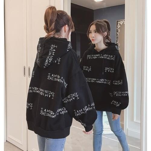 Autumn Winter Thicken Fleece Pullover Female Letter Harajuku Hat Student Hoodies Women Sweatshirt Loose Bust Top Casual Coat