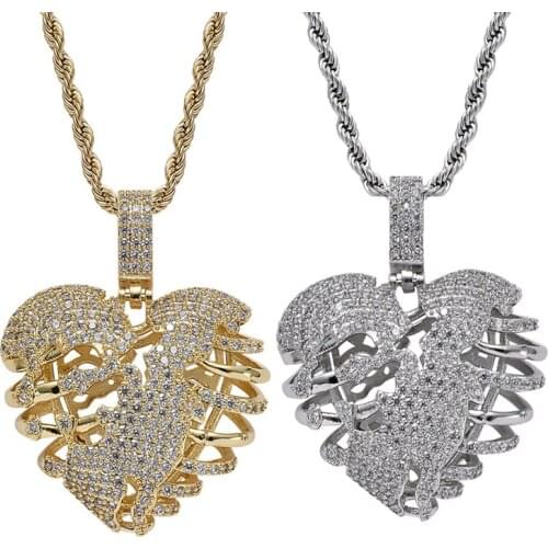 Hip Hop Micro Paved AAA CZ Stone Bling Ice Out Broken Rib Cage Heart Pendants Necklace for Men Rapper Jewelry Gold Color