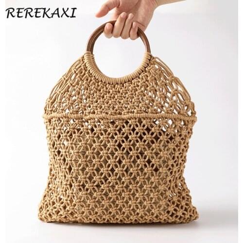 Woven womens Handbag Top-Handle Net Bag Handmade Summer Straw Beach Bags Bohemia Female Hollow Round Handle Tote Mesh Bag