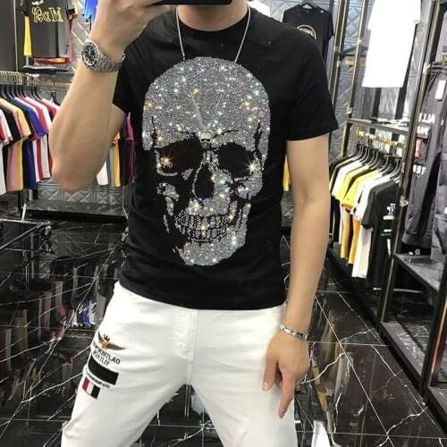 Tide Brand New Design High Quality Mens T-Shirt o-Neck Cotton Breathable Sports Leisure Hot Drill Personality Skull