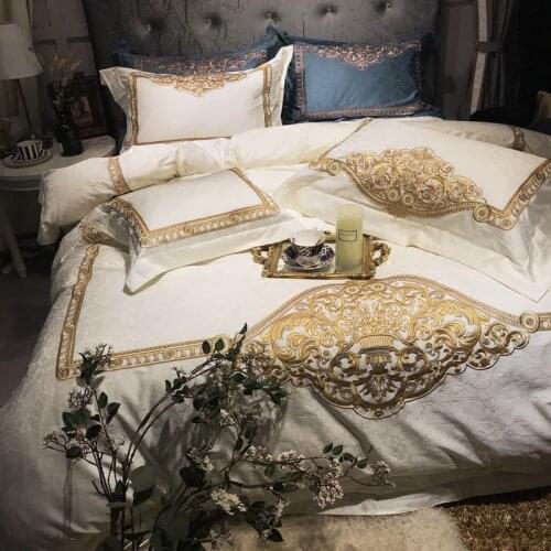 120S Egyptian Cotton white gold Embroidery Luxury Bedding Set 4pcs King Queen Wedding Bed Sheet Cover set Duvet Cover Pillowcase