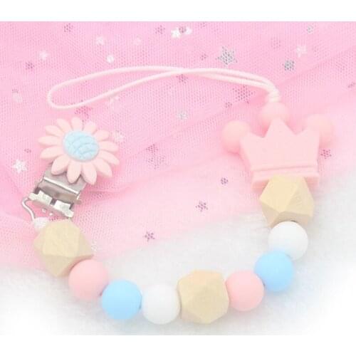 Silicone And Wood Pacifier Clip Wooden Bead Dummy Clip Holder Cute Pacifier Clips Soother Chains Baby Teething Toy For Baby Chew