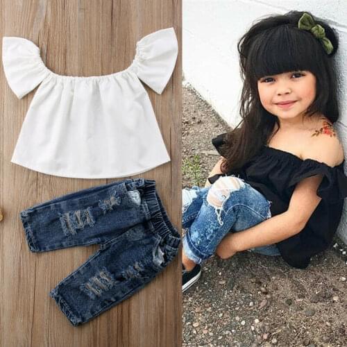 USA Toddler Kid Baby Girl Off Shoulder Tops Denim Pants Jeans Outfit Set Clothes