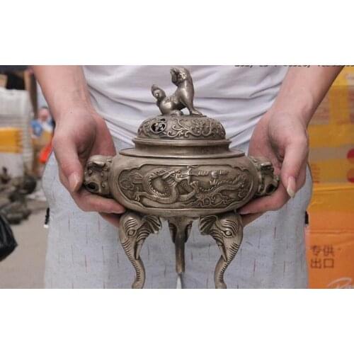 Tibet Temple White Copper Silver Elephant Foot Dragon Lion Incense burner Censer